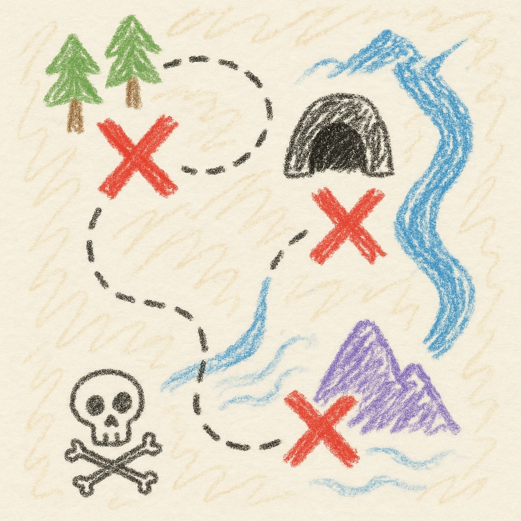 A fantasy treasure island map in Disney style, with a soft pirate theme, not scary, colorful and warm. The map shows 4 locations: a forest with trees, a dark cave, a tall mountain, and a river. Each location has an "X" mark. There are dotted paths leading to each "X". The map has an old parchment texture. No text labels, only clear visual icons. Beautiful detailed illustration, high quality. emoji