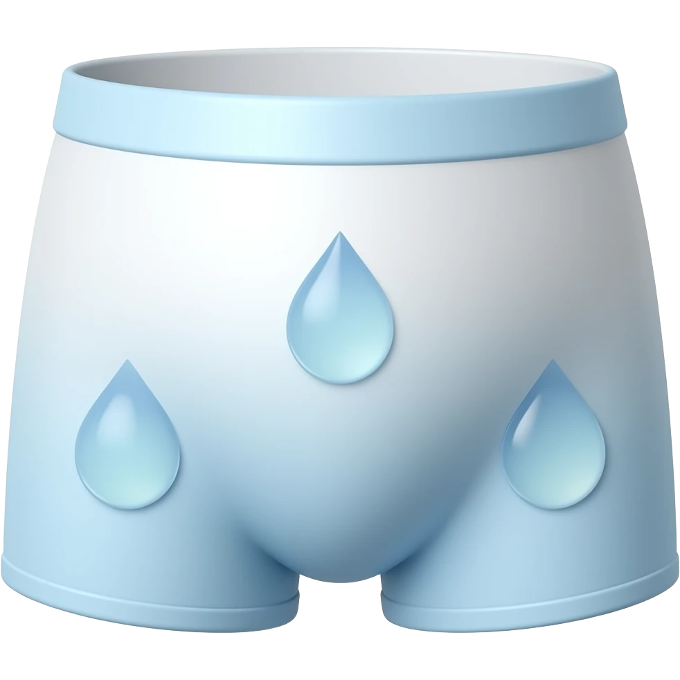 Reusable kids’ training underwear, pastel colors, glossy 3D, minimal design, subtle blue droplets/gradient showing absorption, clean, non-transparent emoji