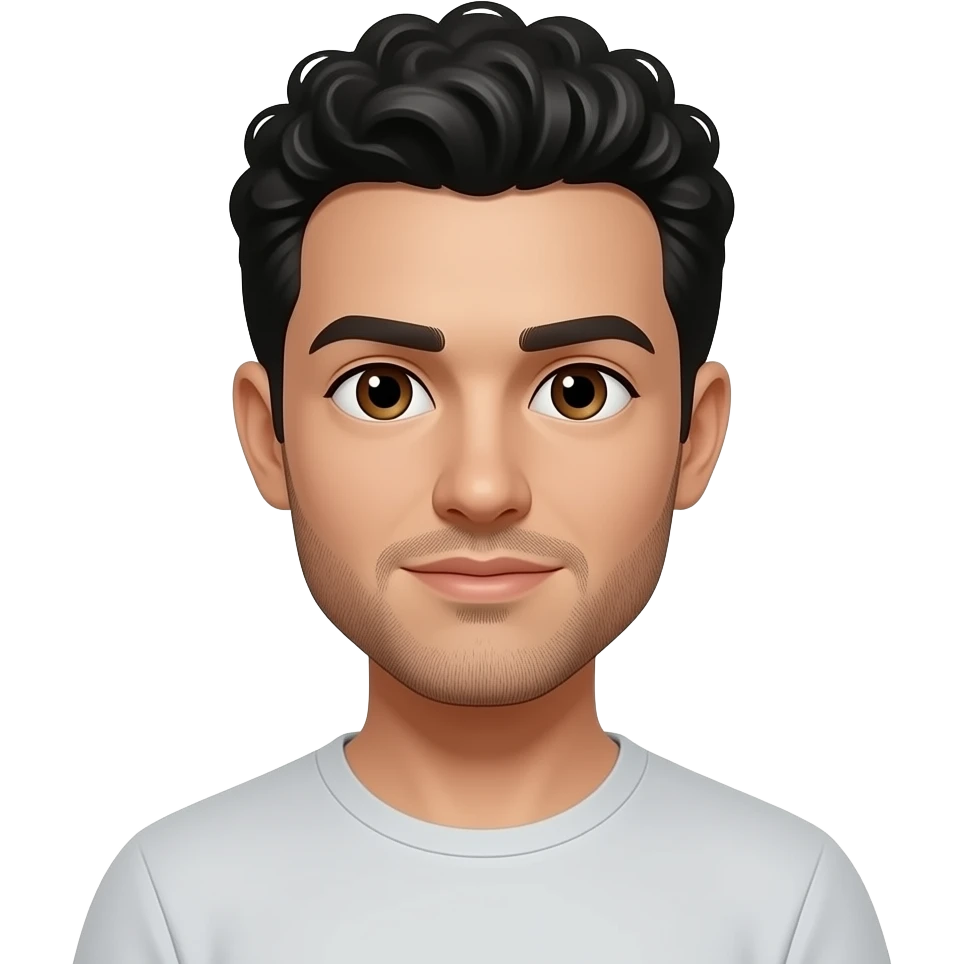 A man with black short curly hair and brown eyes. He has a small beard. The man is tall and slim. emoji