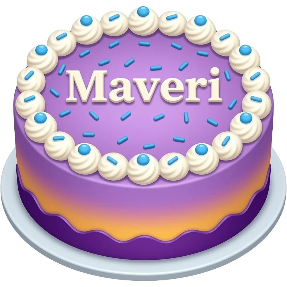 A kiwi vanilla purple sunset cake with whipped cream and blue sprinkles and Woden nailed letters saying Maveri emoji