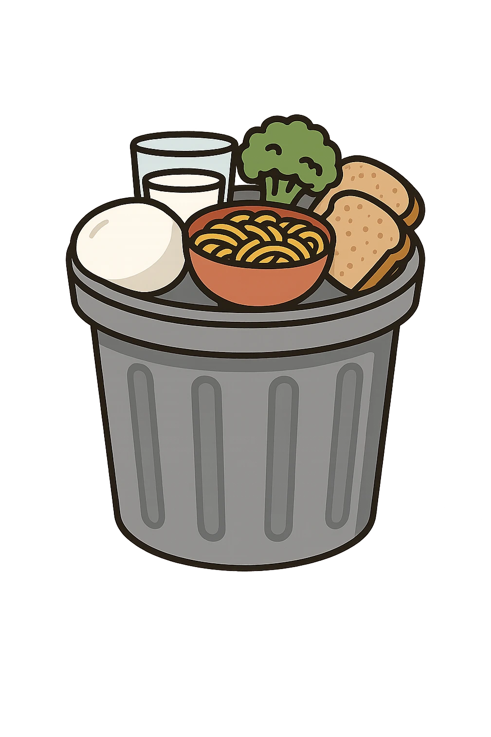 SECCHIO DELLA SPAZZATURA DENTRO CUI CADE UNA MOZZARELLA, UN BICCHIERE DI LATTE, UNA BOWL DI PASTA, QUALCHE BROCCOLO, QUALCHE FETTINA DI PANE emoji