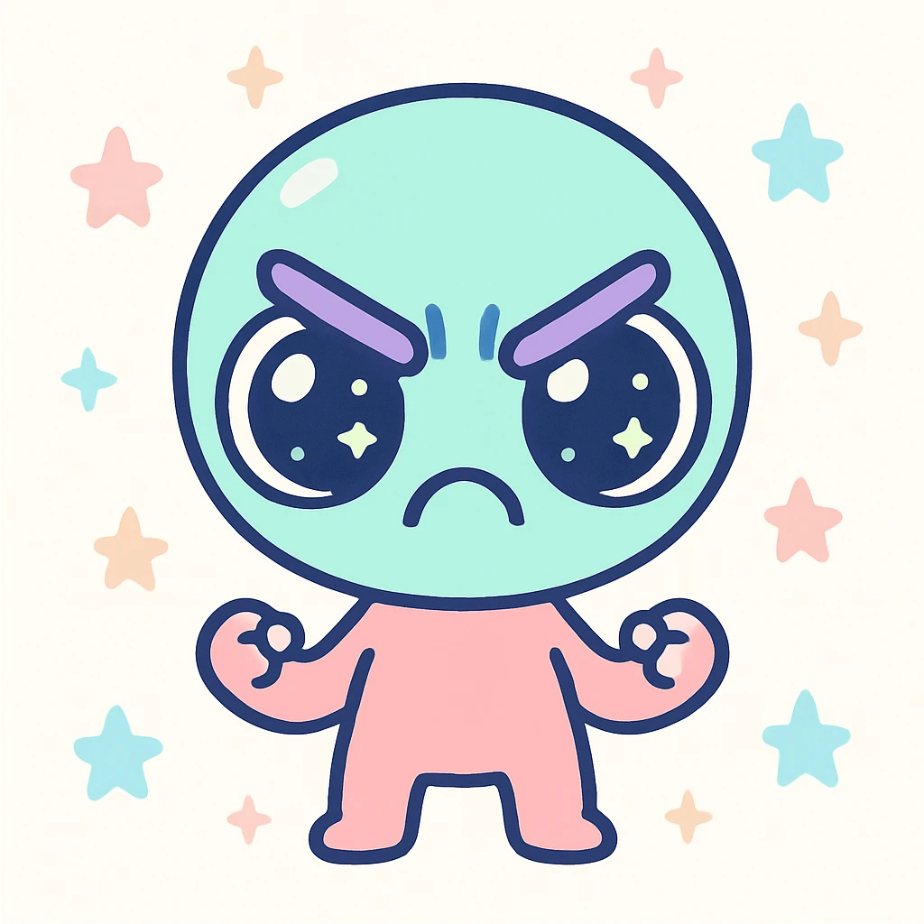 cute cartoon alien showing anger, big expressive eyes, vibrant colors, exaggerated angry face, small body, playful style emoji
