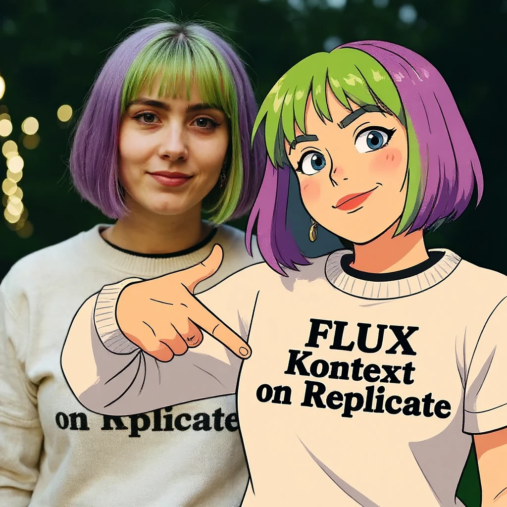 make a image of a girl with a anime version of that girl beside her wearing tshirt with text of FLUX Kontext emoji