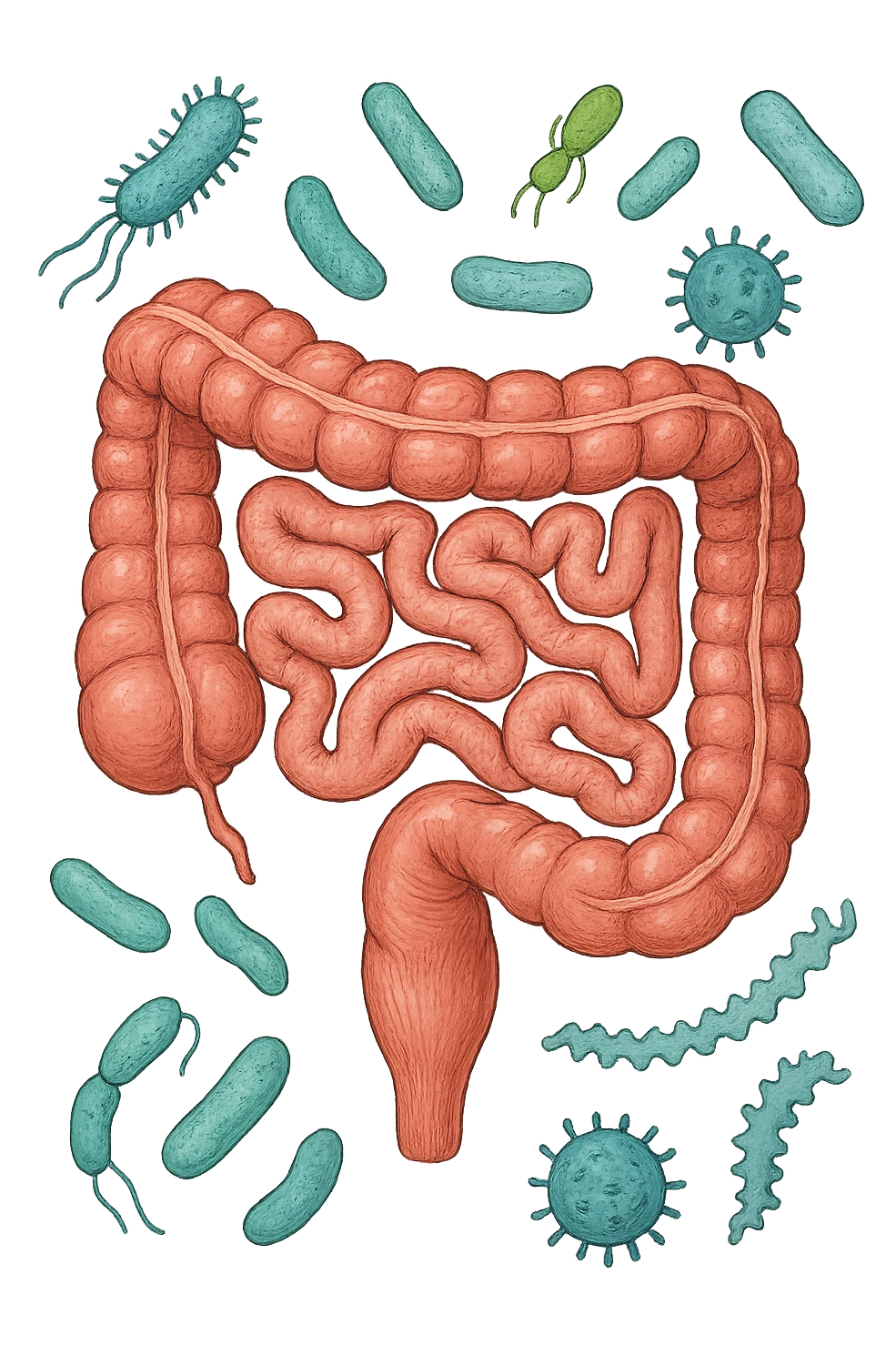 intestino umano anatomico con batteri intestinali che gli fluttuano intorno emoji