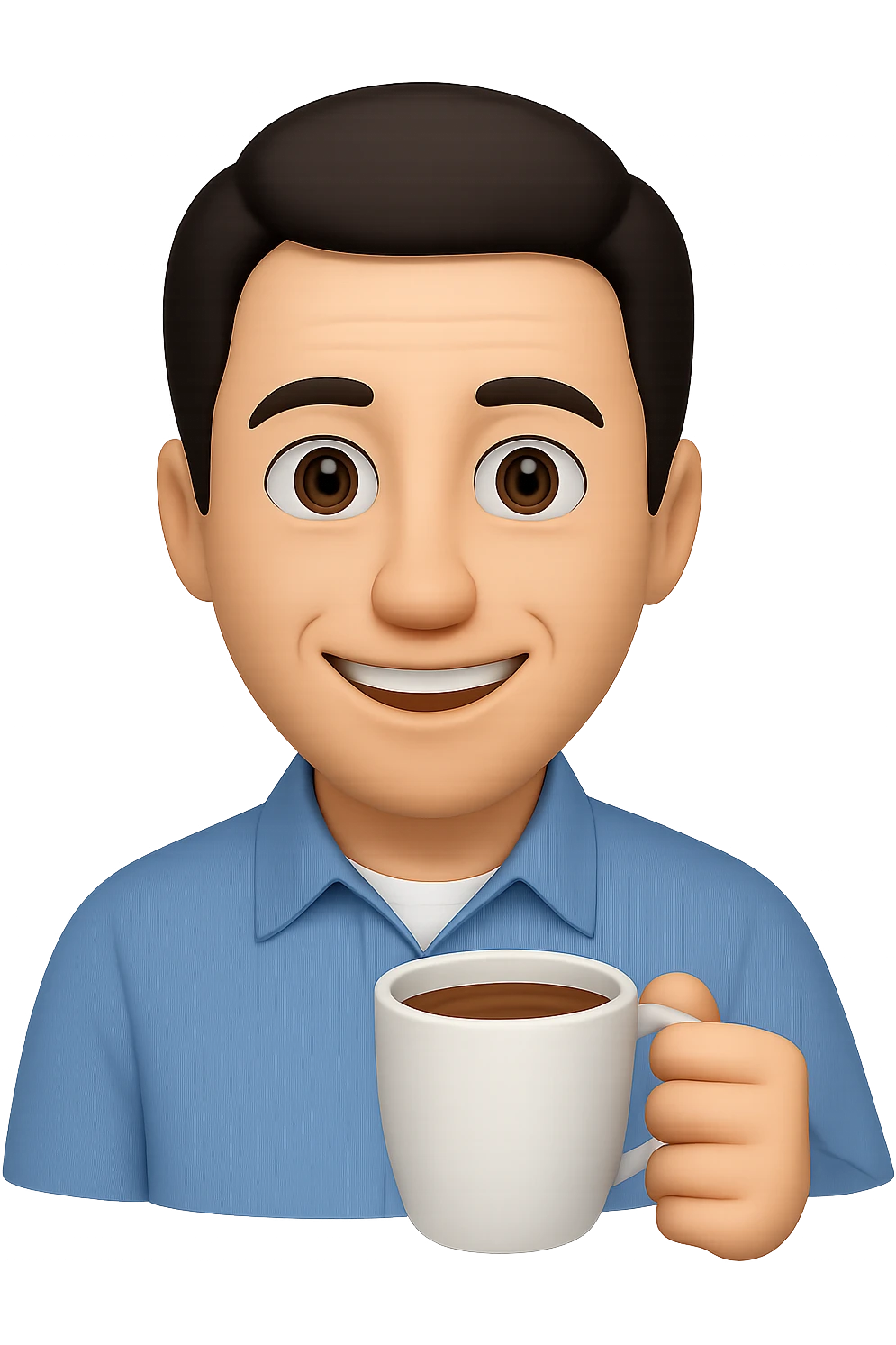 Add a coffee cup in the character's hand, keep the style and expression the same, inspired by Jerry Seinfeld, with no background. Maintain the original style and expression exactly as in the reference image. emoji