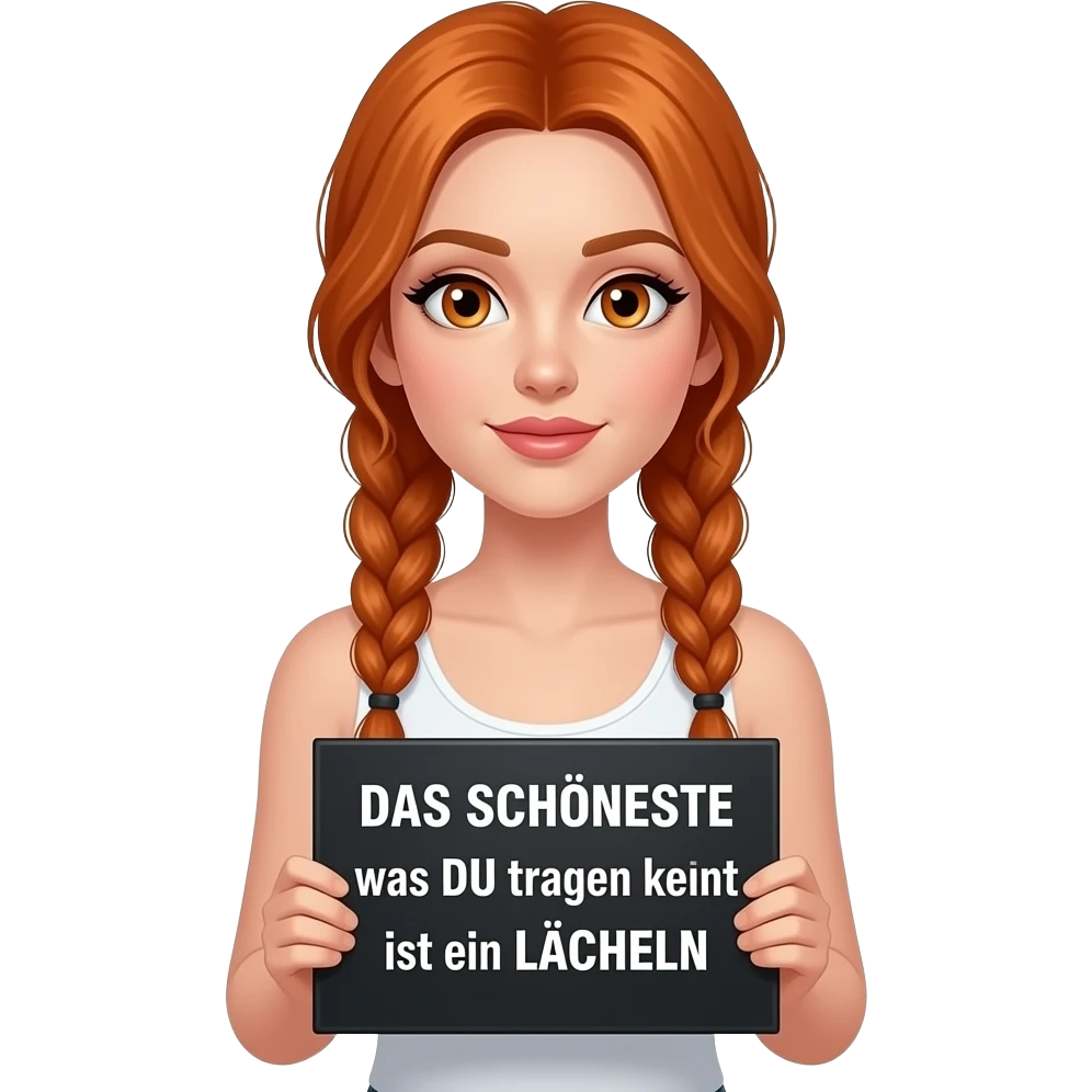 sexy girl with long ginger braids and ginger eyes wearing a white tanktop is holding a black sign with DAS SCHÖNSTE was DU tragen kannst ist ein LÄCHELN written on it emoji