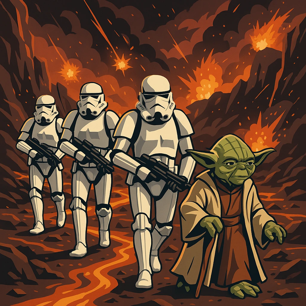 vector art of a Starwars stormtroopers is walking on lava planet with yoda, battleground background 
 emoji