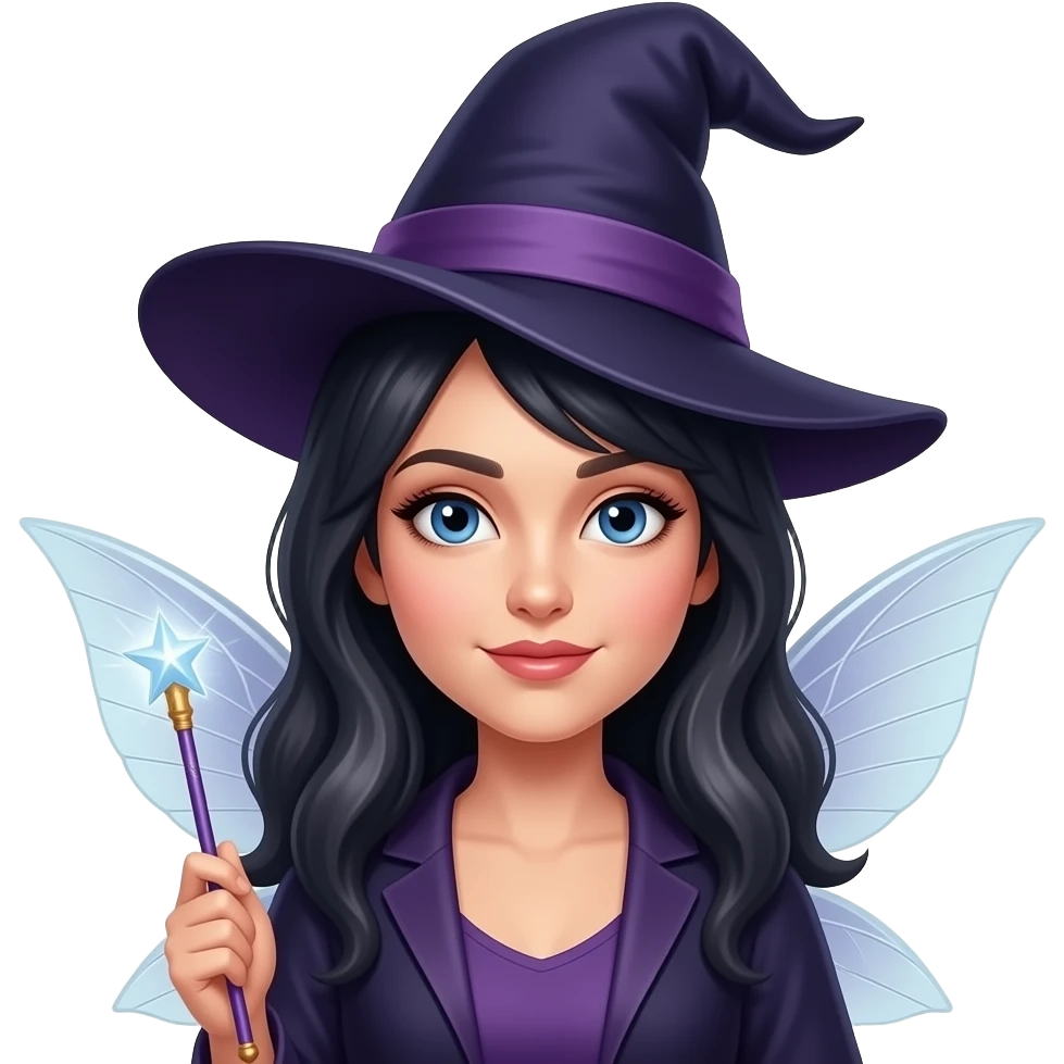 fairy godmother with magic wand face, no hat, with dark hair, with wings, face closeup emoji