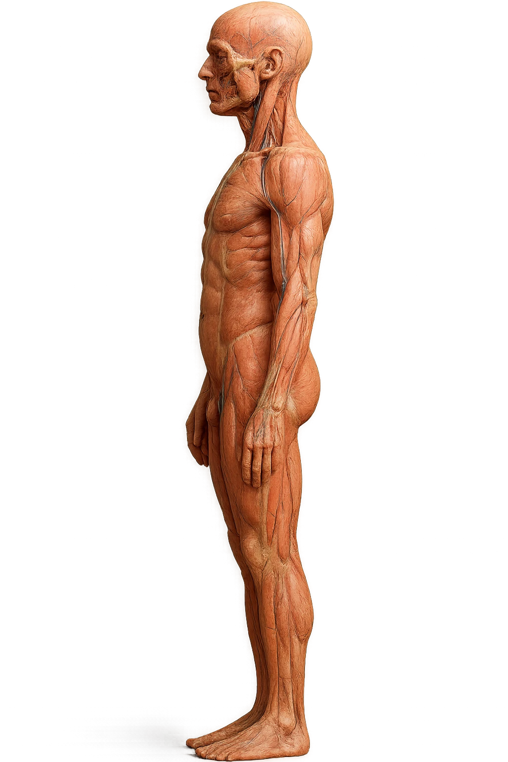 CORPO UMANO ANATOMICO REALISTICO DI PROFILO CON CURVA LOMBARE PIATTA, iperrealistico 4k emoji