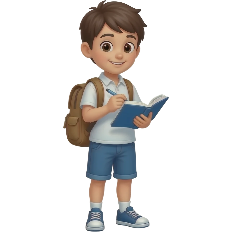 एक किताब का इमोजी बनाओ जो की एक लड़का एक हाथ से तो पड़ी हुई है किताब और दूसरे हाथ से कुछ लिख रहा हो किताब में और लड़का खड़ा होना चाहिए अरे यह बैग हटाओ लड़के का मुंह किताब की तरफ होना चाहिए emoji