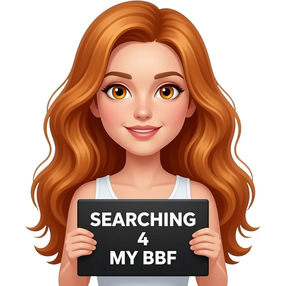 sexy girl with long wavy ginger hair and ginger eyes wearing a white tanktop is holding a black colored sign with SEARCHING 4 MY BBF written on it emoji