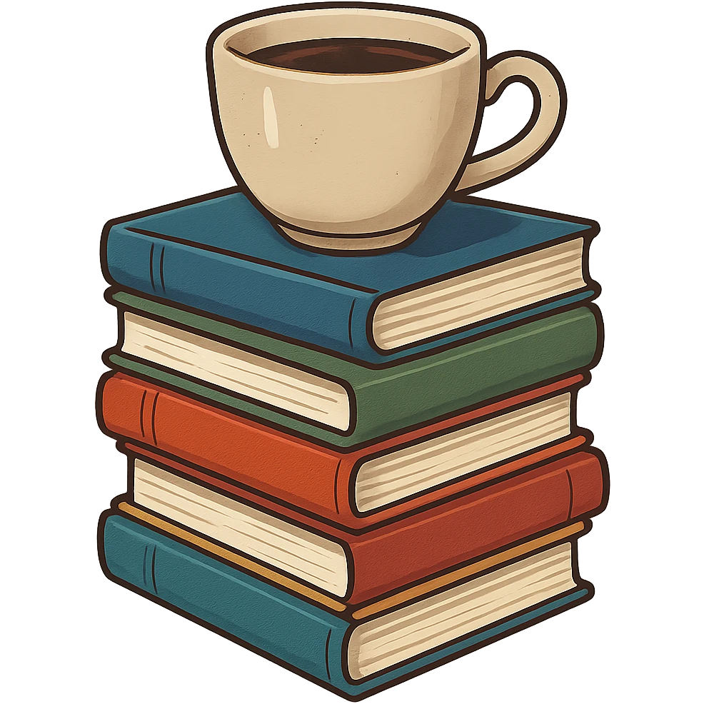 a stack of colorful books with a coffee cup on top, bookstore vibe, no background emoji