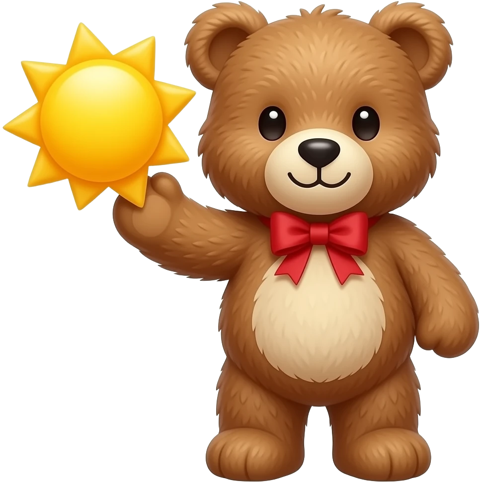 teddy bear with red bow holding the sun emoji