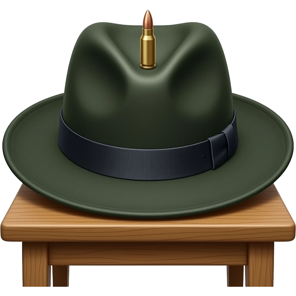 (вид сверху): классическая фетровая шляпа. На верхней ленте закреплена пуля BOSS. На краю деревянного стола. Стилизованный реализм, темные тона, резкие тени. emoji