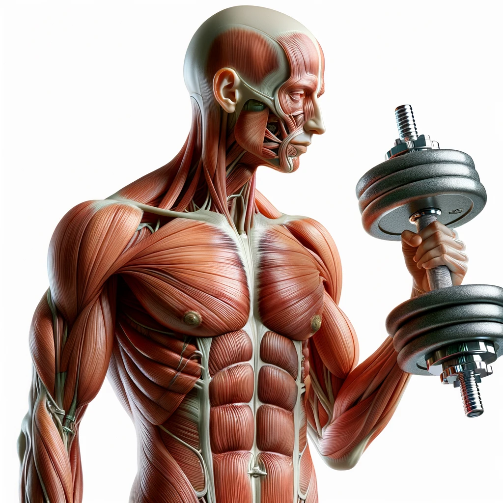 corpo umano anatomico con manubri da palestra in mano, iperrealistico 4k, isolato su sfondo bianco emoji