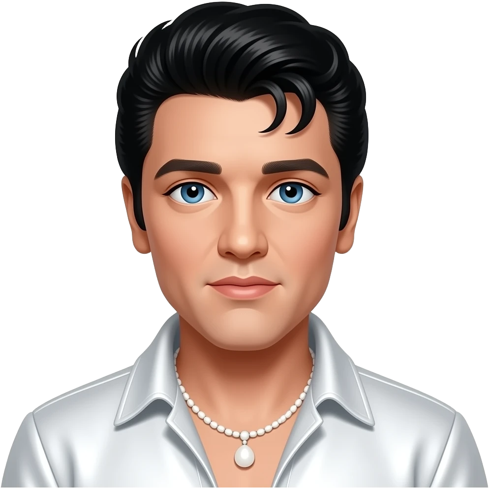 Elvis Presley with blue eyes, black hair, white metallic jumpsuit, white necklace emoji