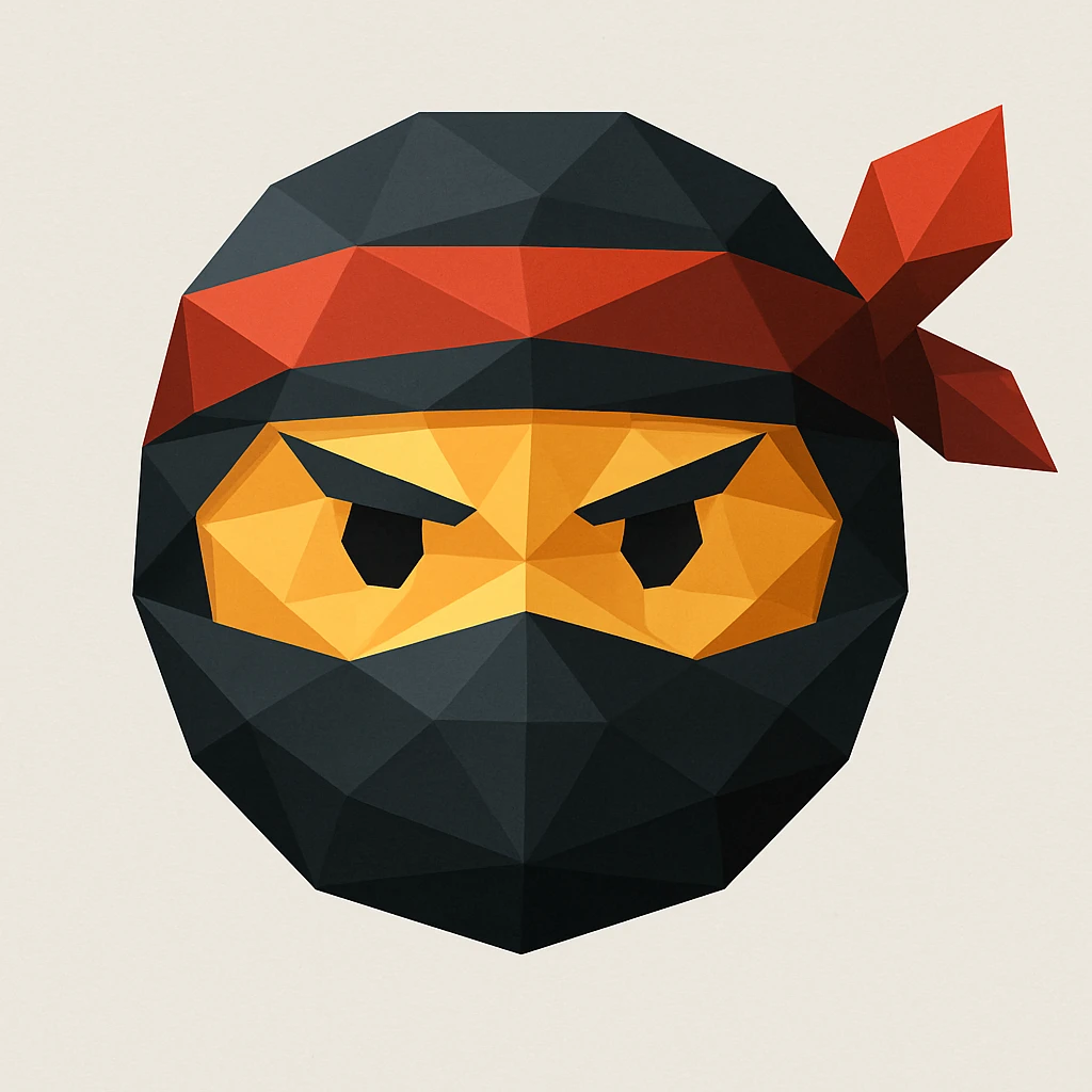 ninja emoji, masked face, headband, low-poly geometric shapes, modern look, polygonal icon style emoji