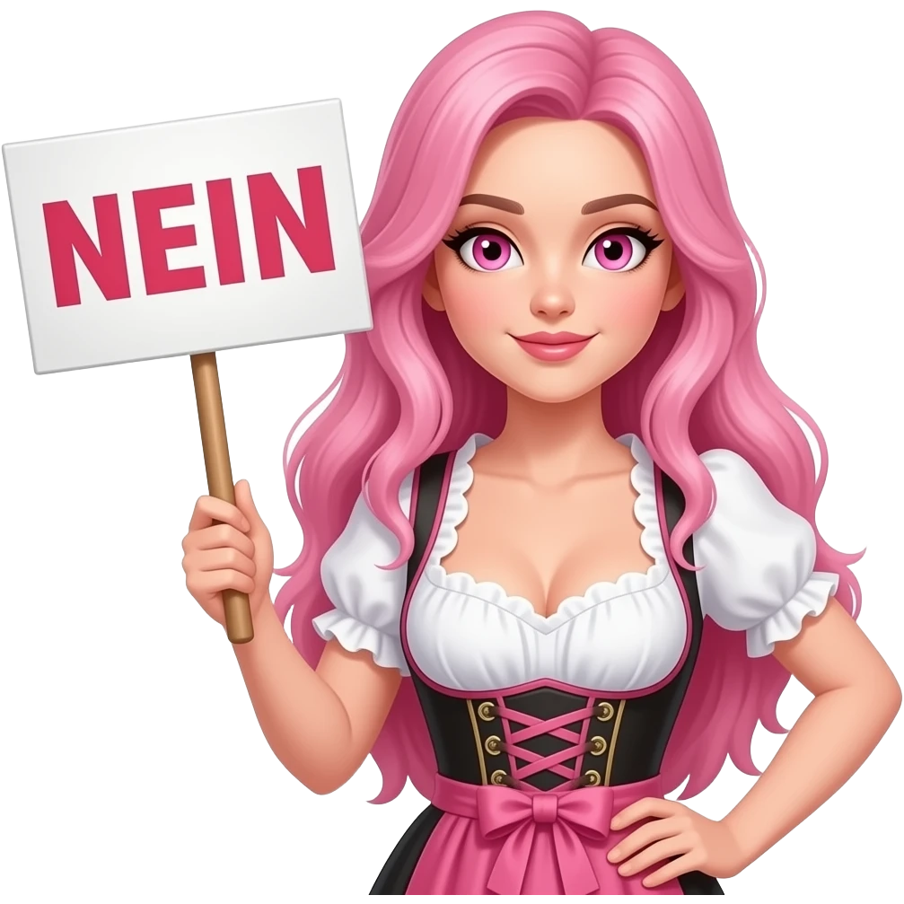 sexy girl with long pink hair and pink eyes wearing a dirndl holding a NEIN sign emoji