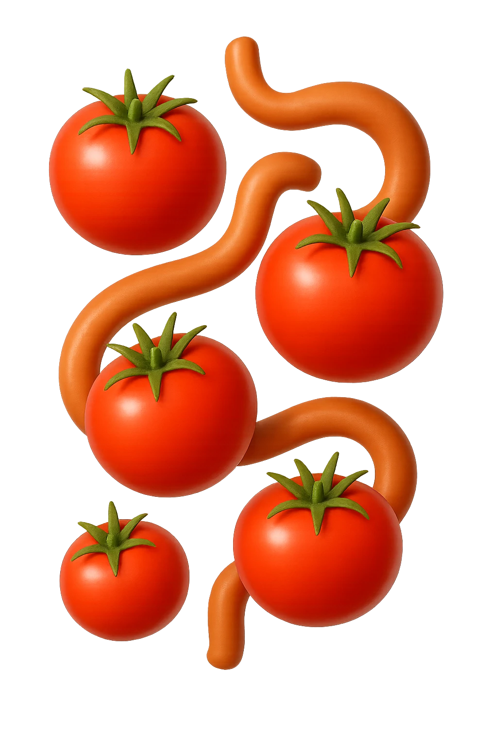 emoji stile iphone di pomodori che fluttuano in aria con colon attorcigliato intorno, iperrealistico 4k, isolato su sfondo bianco emoji