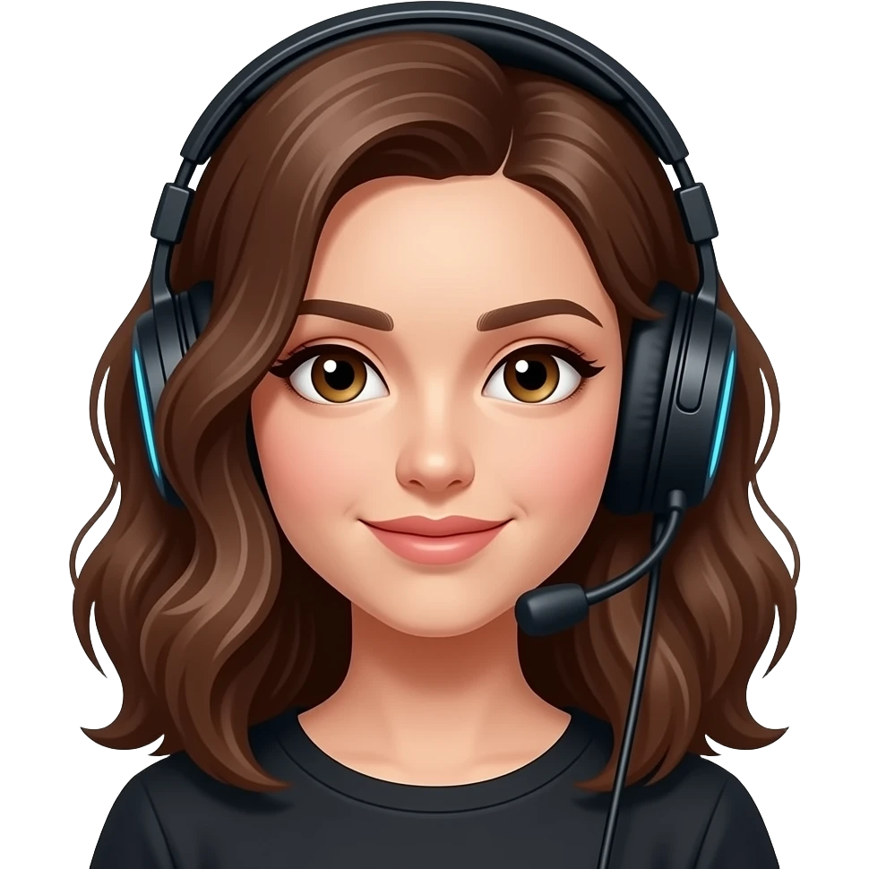 femme, brune, cheveux mi-long ondulé, casque jeux, emoji