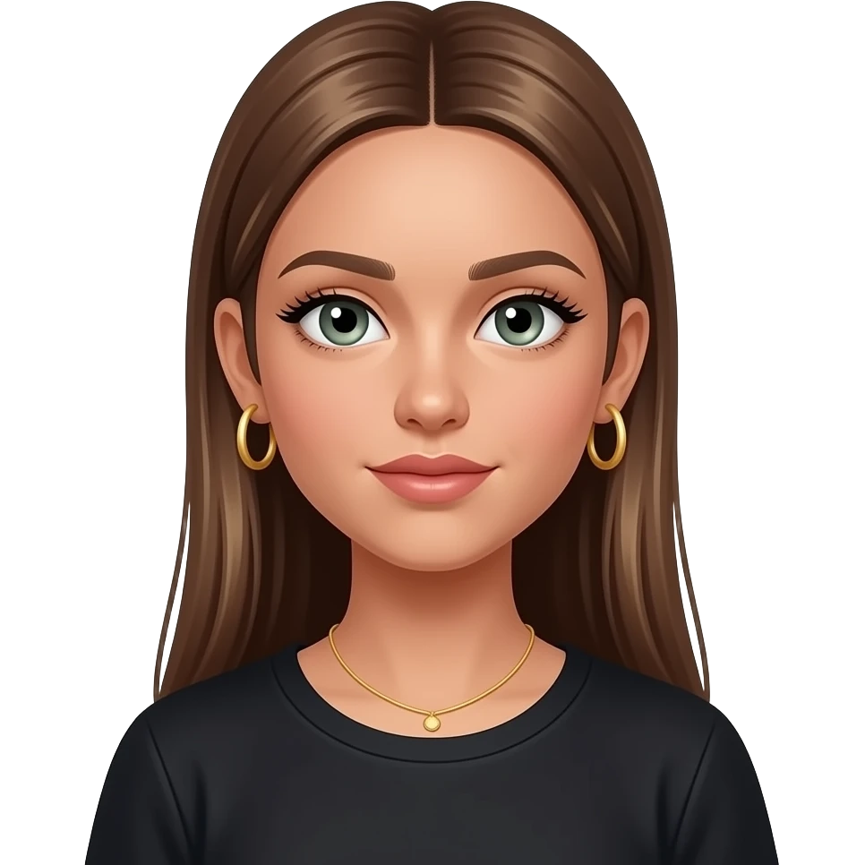 17 year old girl with straight long  brown hair withvery thin grown out highligts , green-grey eyes and long eyelashes, tan skin, gold hoop earrings, dainty gold necklace, wearing a black top emoji