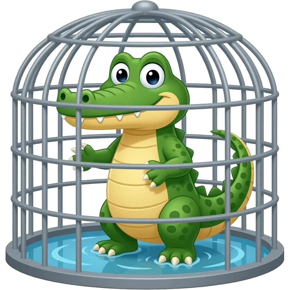 Cartoon crocodile in a rive surrounded by a cage emoji