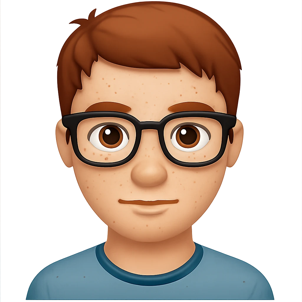 Add glasses to the freckled man with short hair in emoji style, no background. emoji