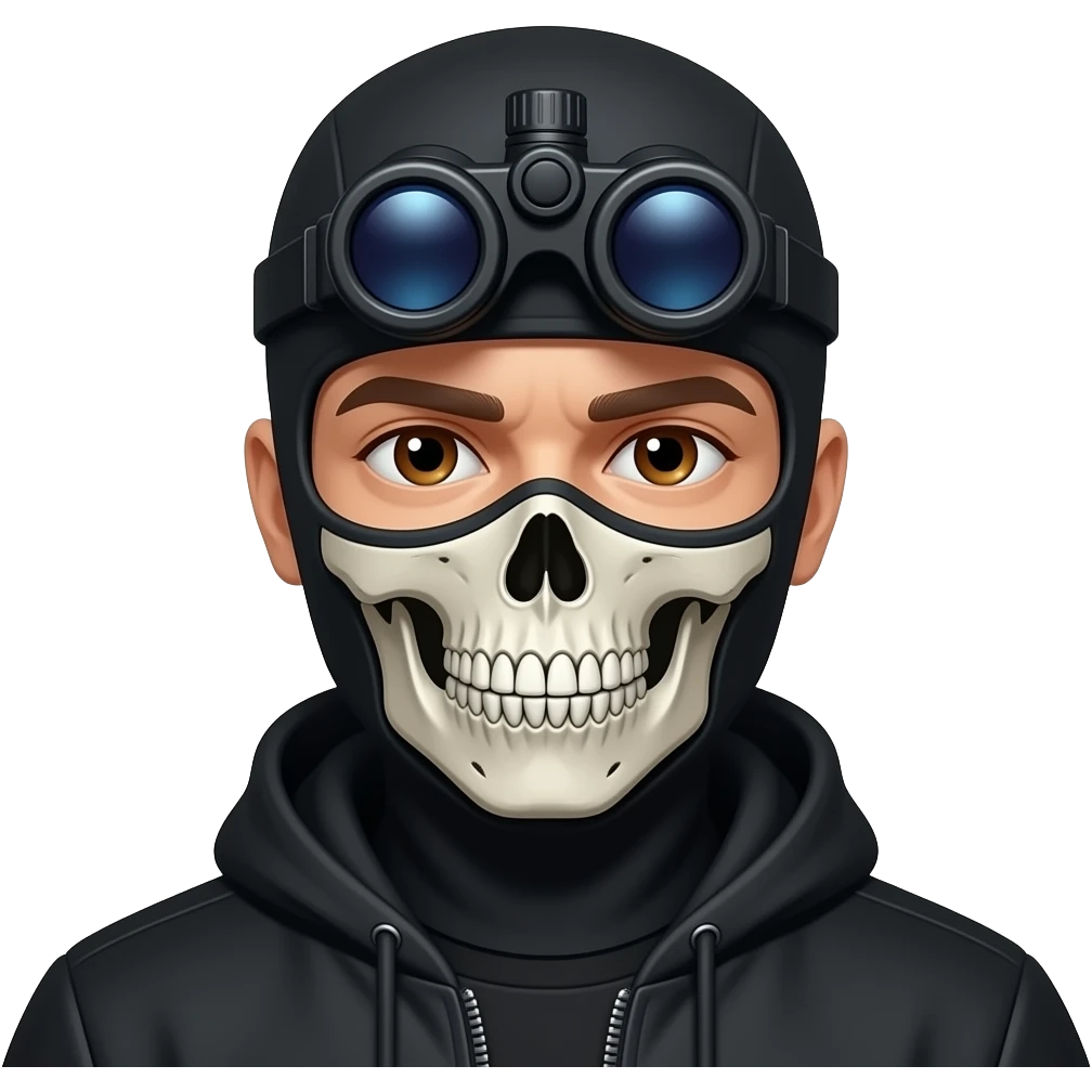 man with brown eyes wearing black clothes with a skullface balaclava and a black night vision device on his headtop emoji