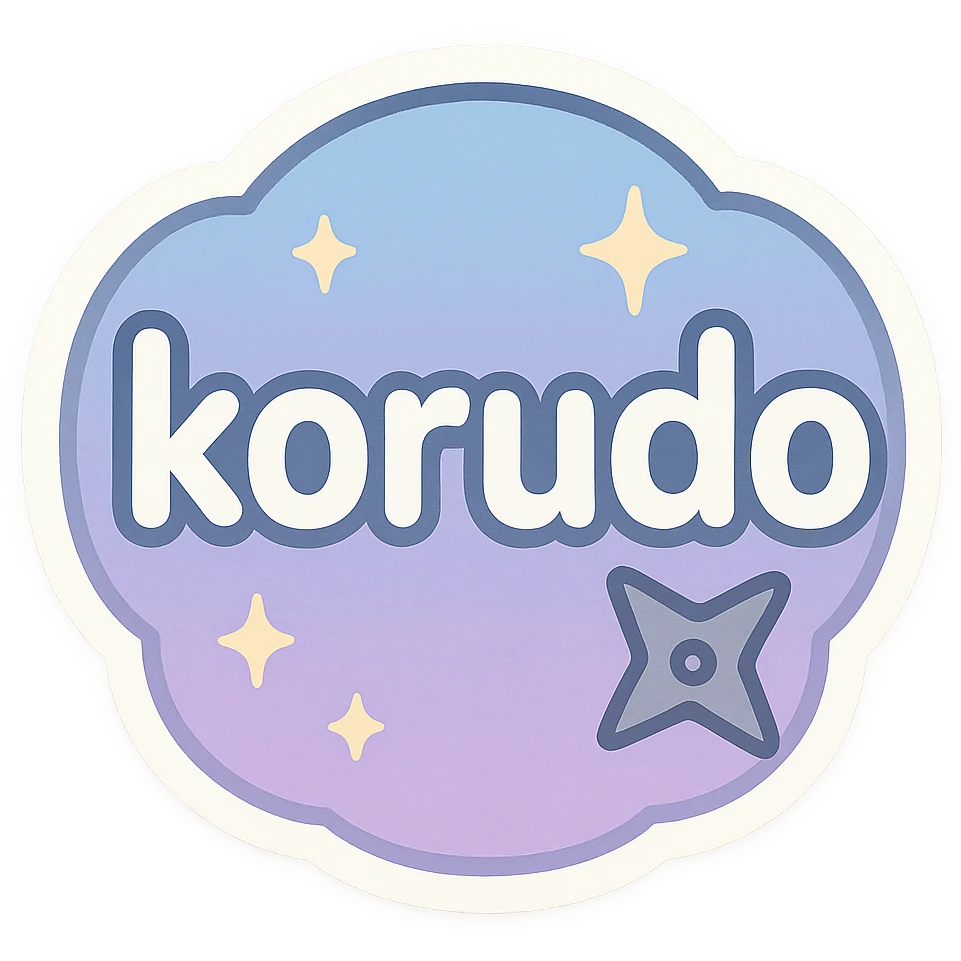 badge with the word 'korudo' in the center, chibi anime-inspired style, playful and cute, rounded shape, soft blue and purple gradient background, bold easy-to-read text, subtle sparkles, small ninja star accent emoji