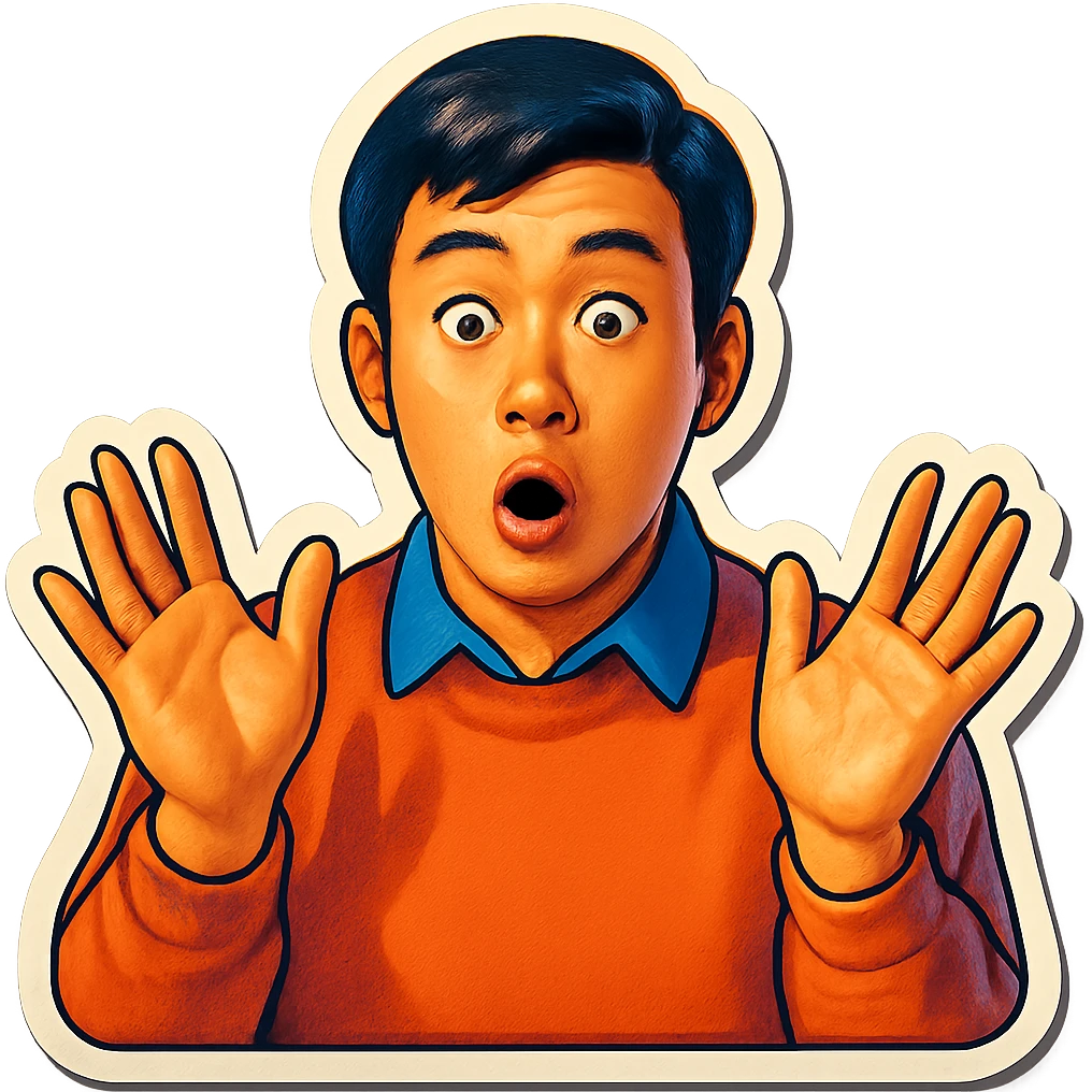 The same Japanese man looks at the viewer with a surprised look, and his hands are empty emoji