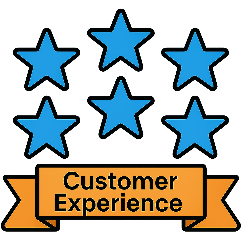 Add the words 'Customer Experience' below the six blue stars with a ribbon underneath, keep the modern icon style, preserve transparent background. emoji