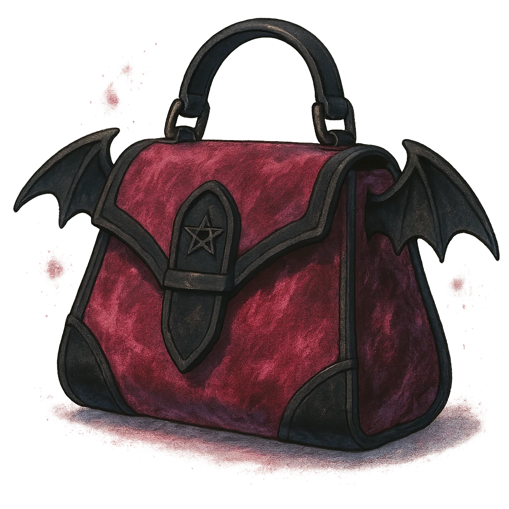 Pink and black gothic purse in Ghibli style, bat wing accents, velvet texture, magical aura, no background emoji