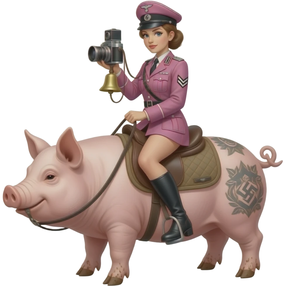 steampunk, A thin and seductive female rider in a pink German army uniform from World War II rides a large tattooed pig with an antique bellows camera and bare, dirty feet. emoji