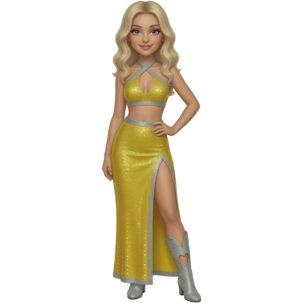Sabrina Carpenter platinum blonde hair wears a vibrant yellow sequined two-piece set featuring a halter-style crop top with a pointed hem and a matching floor length skirt (no slit) . Both pieces are edged in silver glitter trim. Silvery glittery rhinestone boots with heart cut out at side emoji