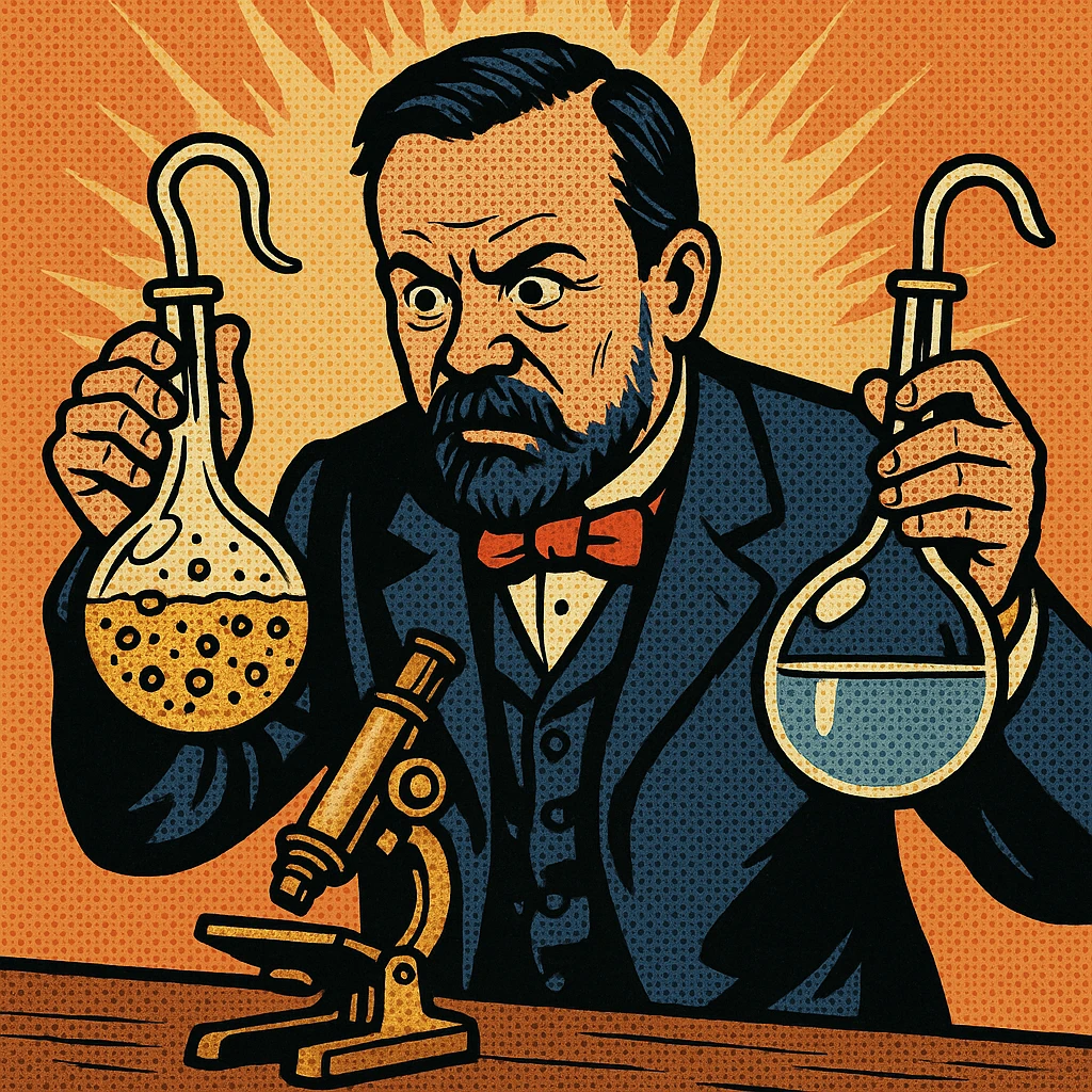A victorian scientist like Louis Pasteur experimenting with two glass swan neck flasks.  One of the flasks has an open top and contains lot of bacteria in the water.  The other flask is sealed and contained clear water.  There is also a microscope on Pasteur's desk emoji