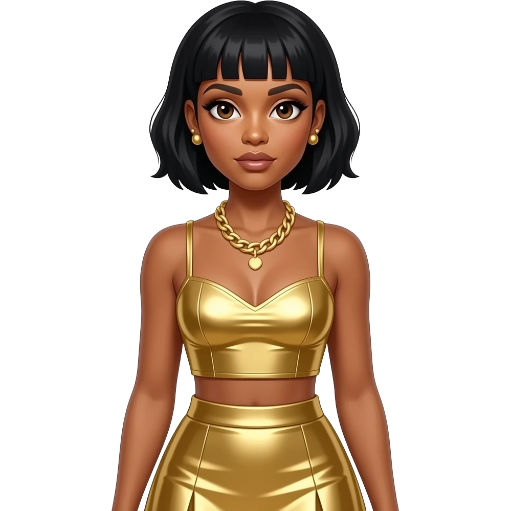 Kelly Rowland from Destiny's Child with brown eyes, black bob hair, gold metallic sweetheart crop top, gold metallic long skirt, necklace and earrings emoji