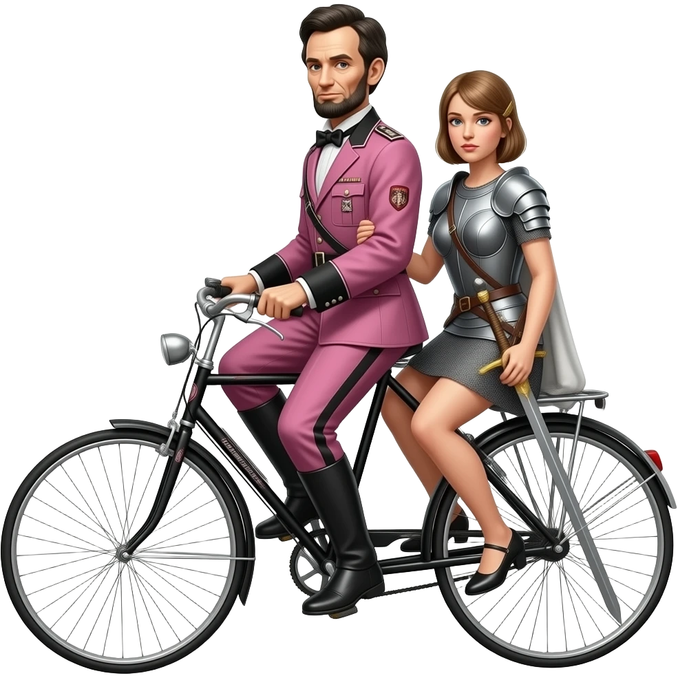 steampunk realistic - Abraham Lincoln in the pink German uniform of World War II transports the thin and serious Joan of Arc on a vélocipède emoji