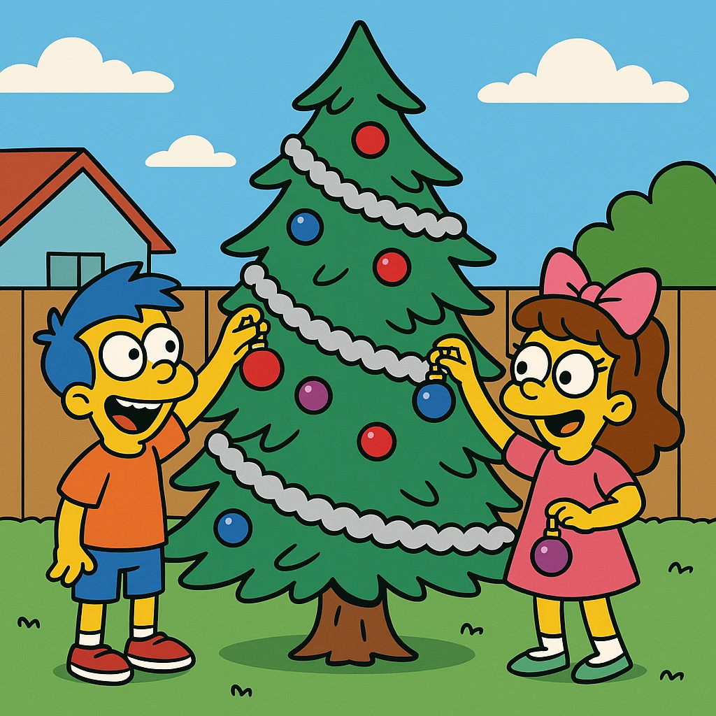 The children covered the tree in tinsel and ornaments. emoji