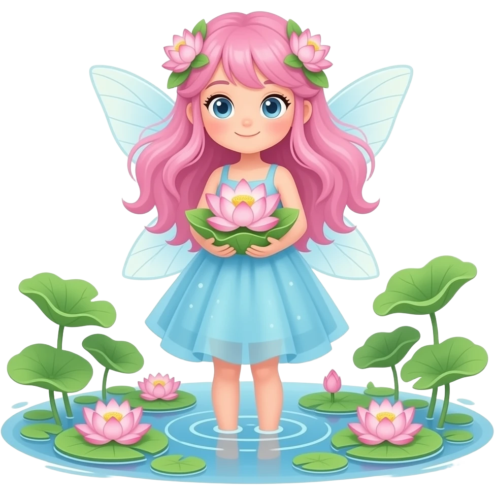 teenage girl fairy, pink hair, lotus in her hands, very light blue toe-length dress, she stays in pond, lotus in her hair, lotuses in pond, light yellow sparkles around her emoji
