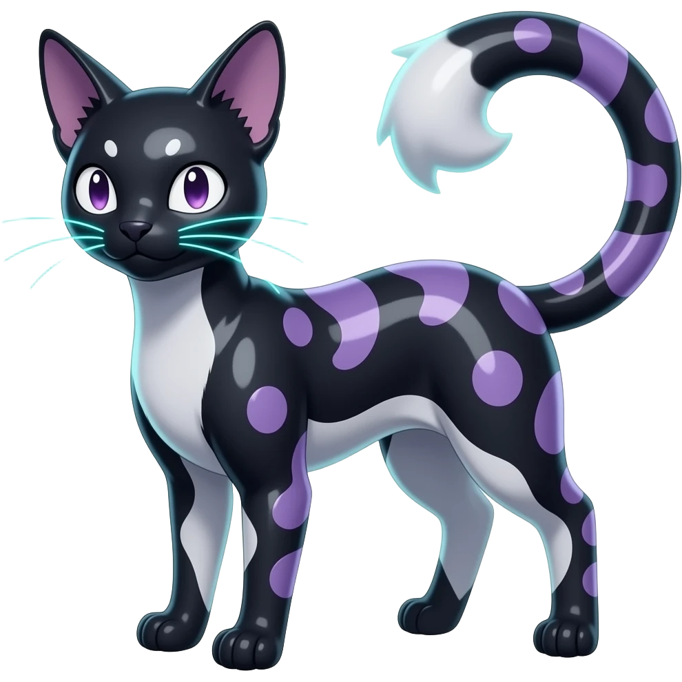 Realistic slim smooth oily shiny glossy elegant Abyssinian bioluminescent dull, scaly furry oil-blackish oily greyish, purplish, whitish abyss-fantasy-Zorua-Sprigatito-Absol-feline-Fakémon-fusion, with thin neon-glowing bulb-whiskers, koi-piebald-patterned full body emoji