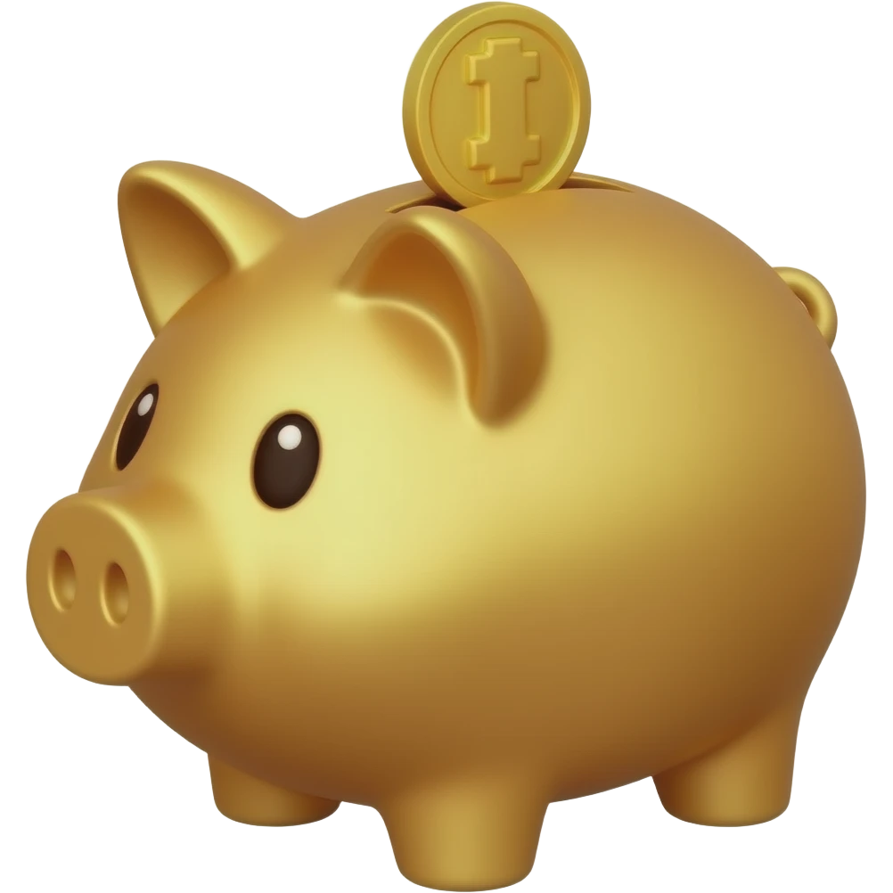 Una alcancía, que sea totalmente de color dorado con ojos cafés, sale brillo de su orificio para monedas emoji