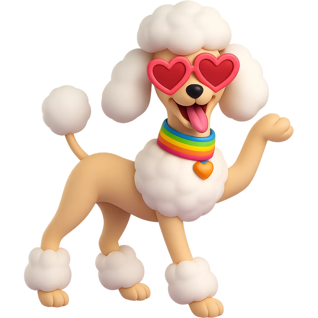 Make the posh poodle funny and flamboyantly gay, featuring a rainbow collar, heart-shaped sunglasses, and a dramatic pose, in the style of 3D emoji with no background. emoji