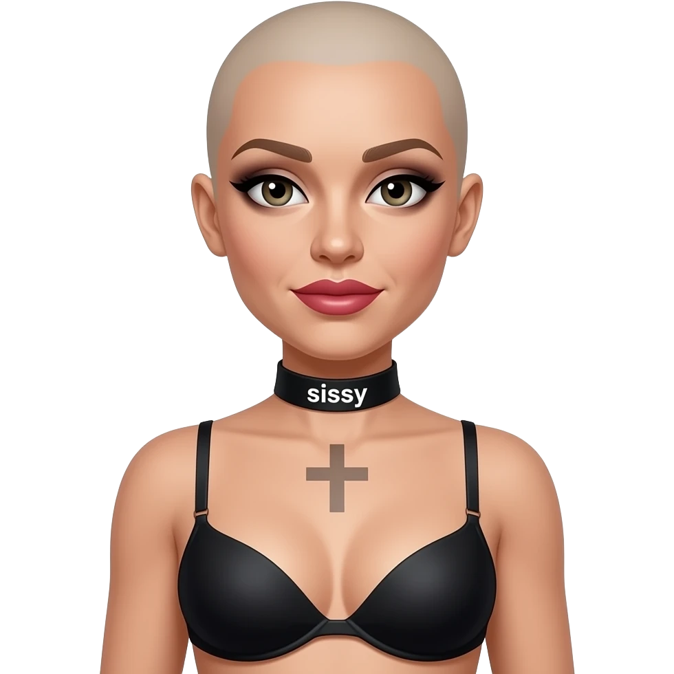 bald lipstick smokey eyes collar that says sissy  40yrs old bra with flat chest crossdress feminized emoji