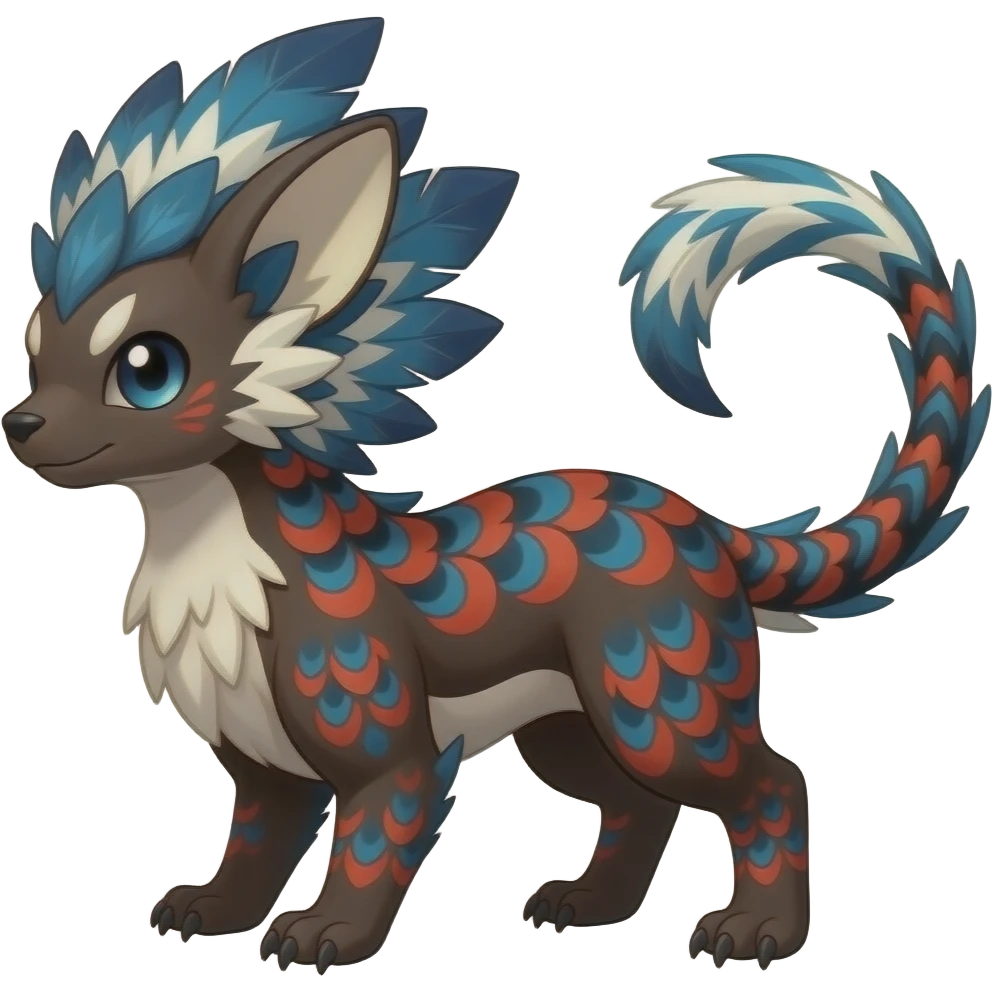 Floral-patterned majestic feathery elegant realistic stylish Furry, fluffy feathery tropical painted scaly, dark-brown, sanguine-red, blue, white, black, Minccino-Bambino-Linoone-Zangoose-fusion-hybrid-animal-Fakémon-creature, full body, thin long sleek tufted tail, intricate markings emoji