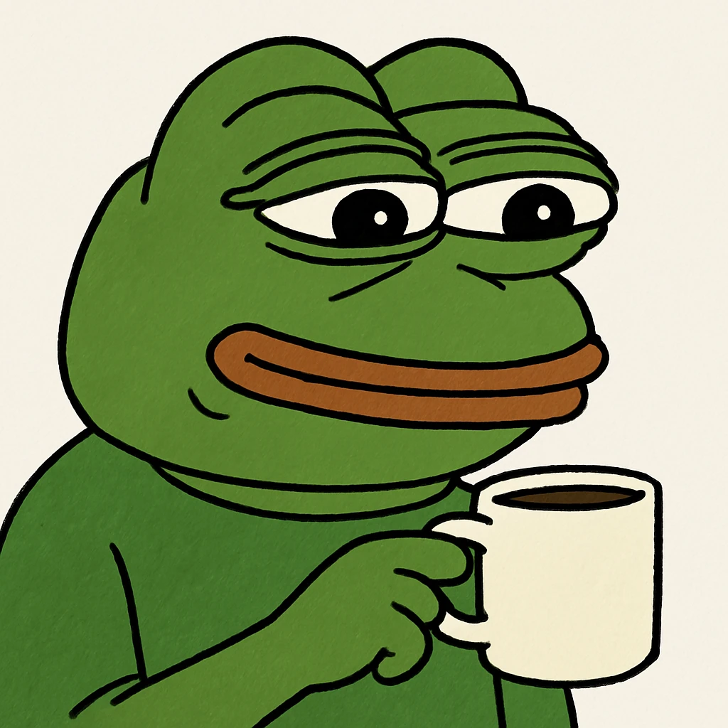 pepe the frog holding a coffee cup, 3D rendered, vibrant colors emoji