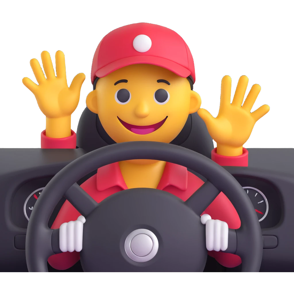 3D smiley emoji, round shape, bus driver: wearing a cap, behind the steering wheel, two hands on the wheel, not tangled, funny face, transparent background emoji