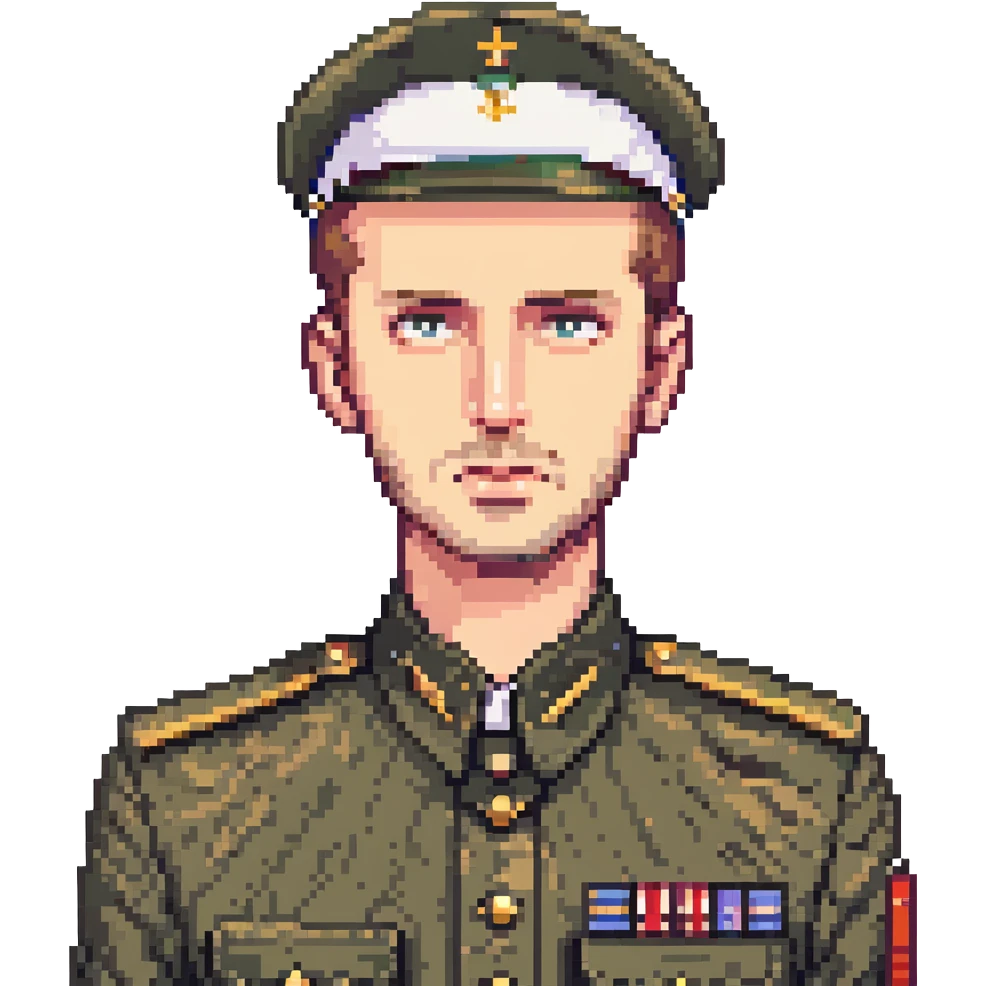 A white man with stubble in a soldier's uniform and a sad face emoji