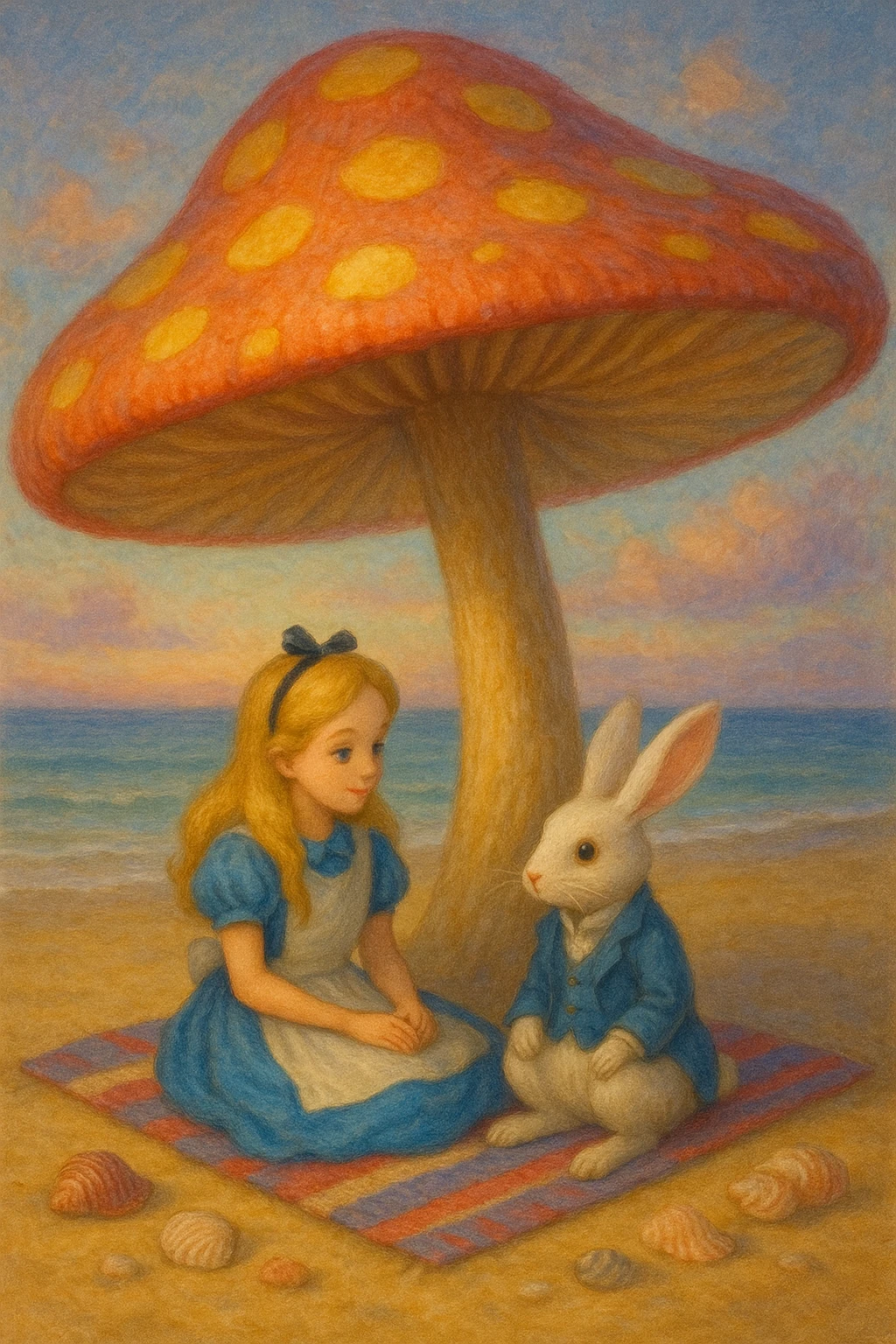 Alice and the White Rabbit sitting together on a beach towel under a giant mushroom parasol, magical, soft lighting, seashells nearby emoji