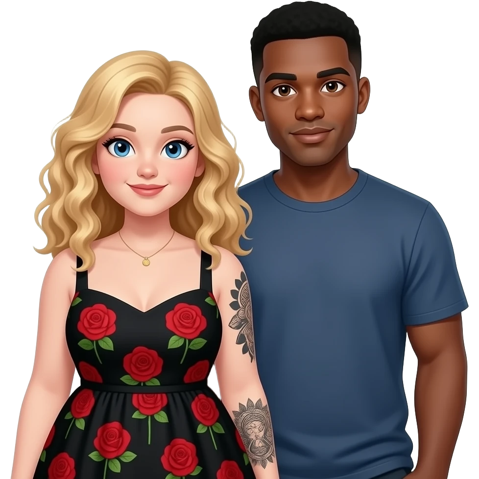Plus size girl, Blonde curly hair, blue eyes, black tattoos on right lower arm, wearing no sleeve black summer dress with red roses & African American man with black hair, brown eyes, NO facial hair best friends emoji