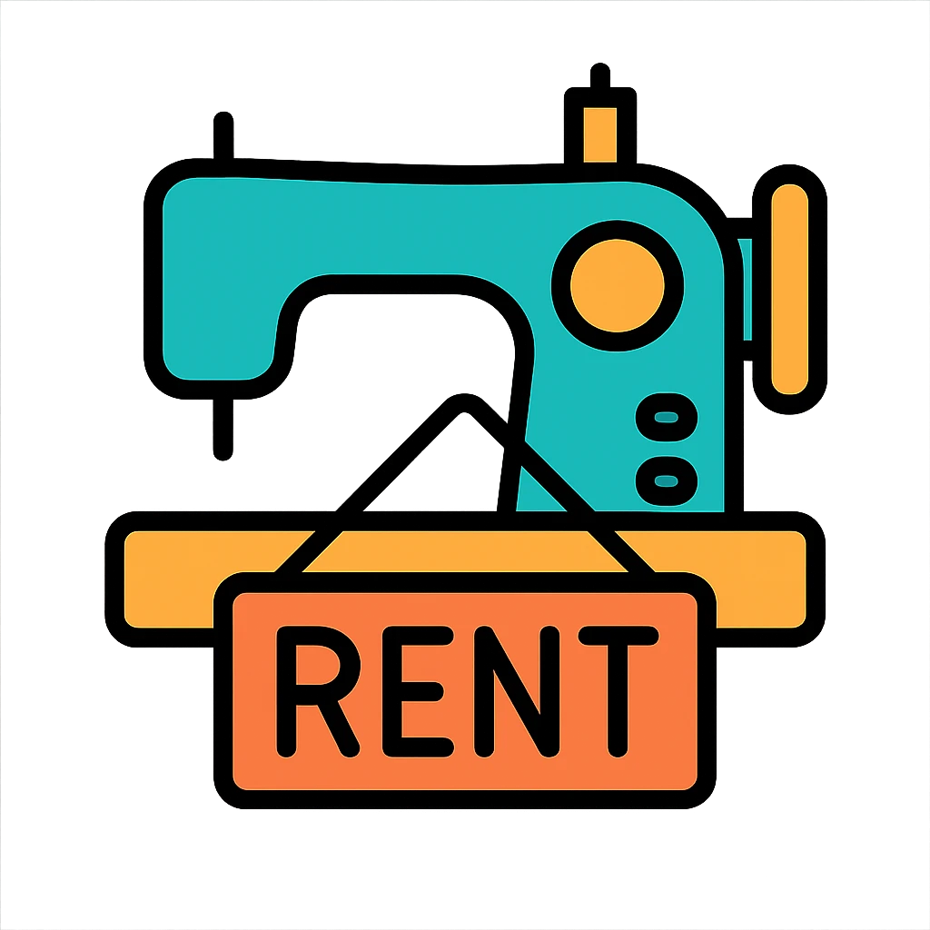 A flat design icon for 'Equipment Rental' showing a sewing machine with a rent sign, suitable for a business presentation. emoji